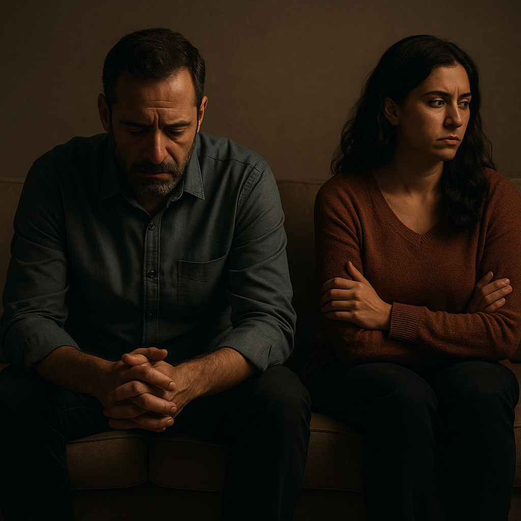 رجل وامرأة يجلسان بصمت متوتر على أريكة، في مشهد يعكس المسافة العاطفية بينهما.